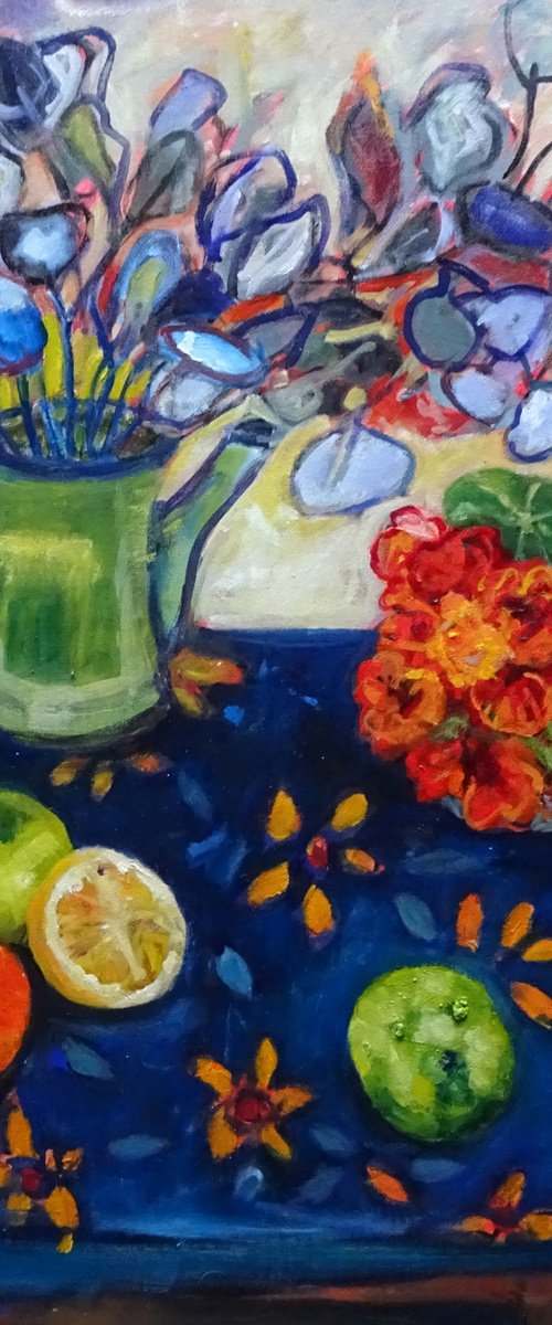 STILL LIFE WITH NASTURTIUMS AND FRUIT by Maureen Finck