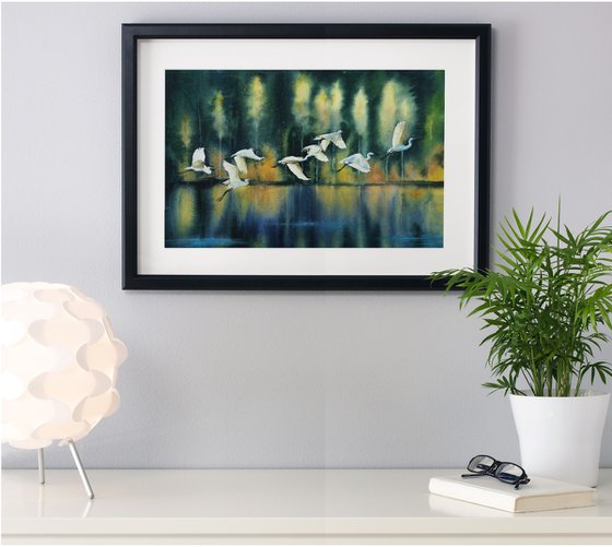 Flock of Snowy Egrets flying - Flock of white herons - Great White Egret - Cattle egret - original watercolor landscape