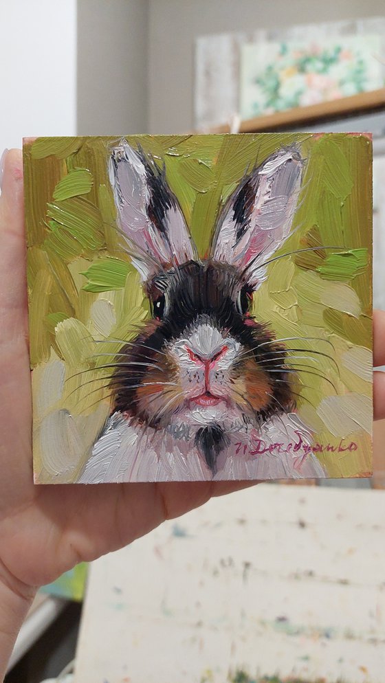 Funny rabbit oil painting original art 4x4, White black Bunny illustration nursery wall art