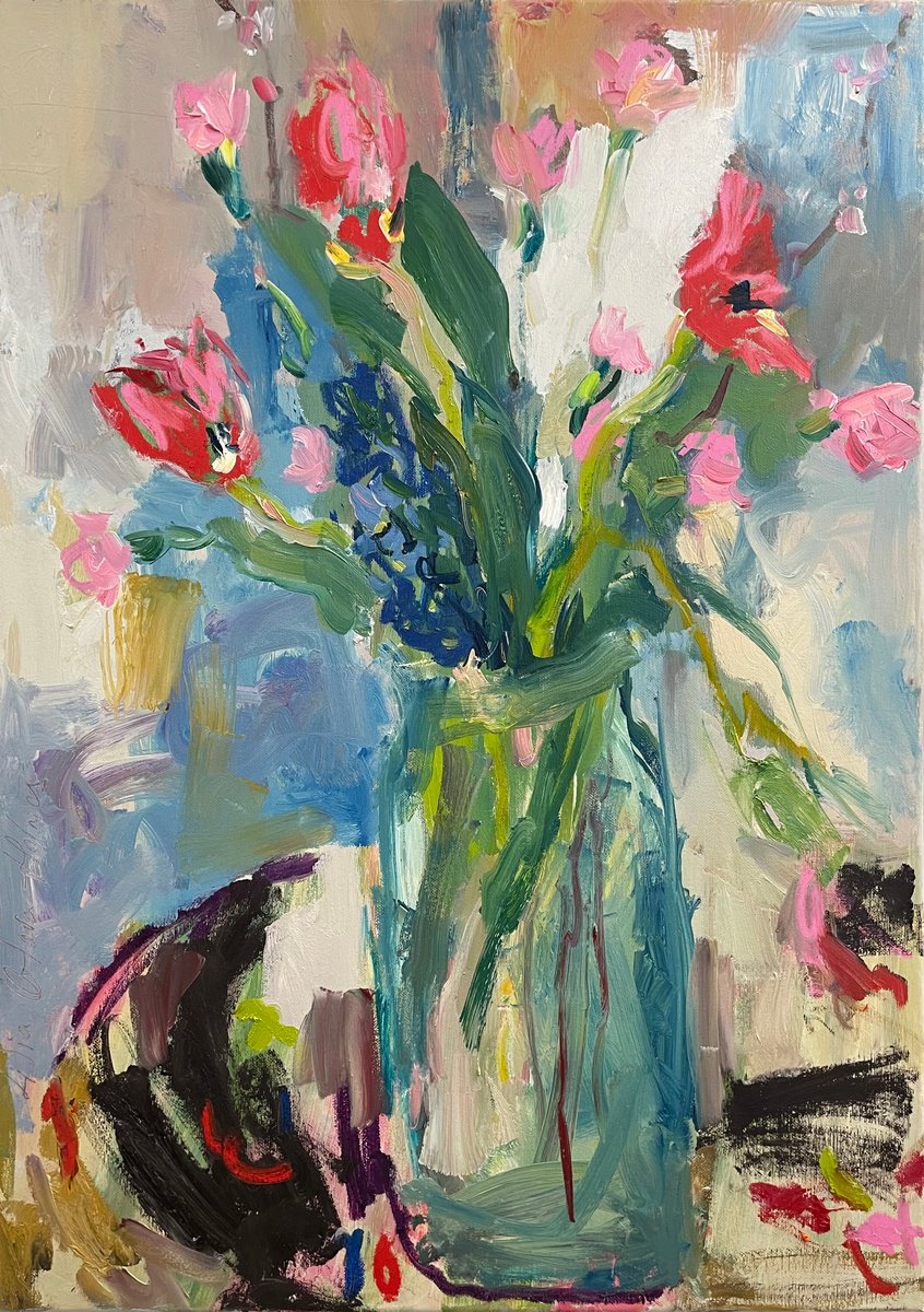 Spring flowers in a glass vase by Lilia Orlova-Holmes