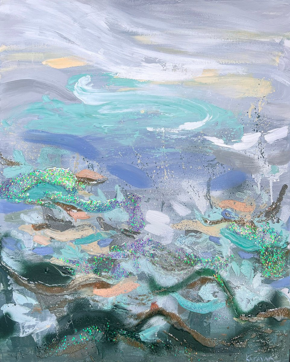 Impressionistic Abstract Acrylic Painting By Nataliia Karavan, 24 X 30", Mystic Waters, Original Artwork