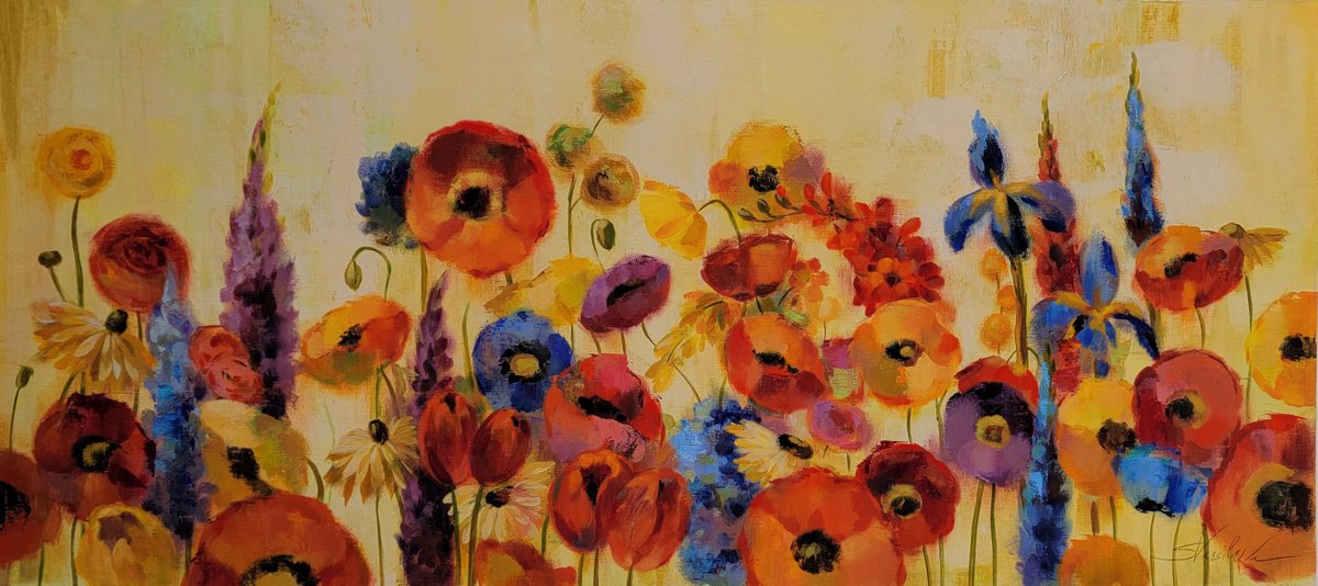 Expressive Botanical Acrylic Painting By Silvia Vassileva, 54 X 24", Joyful Garden Hues, Original Artwork