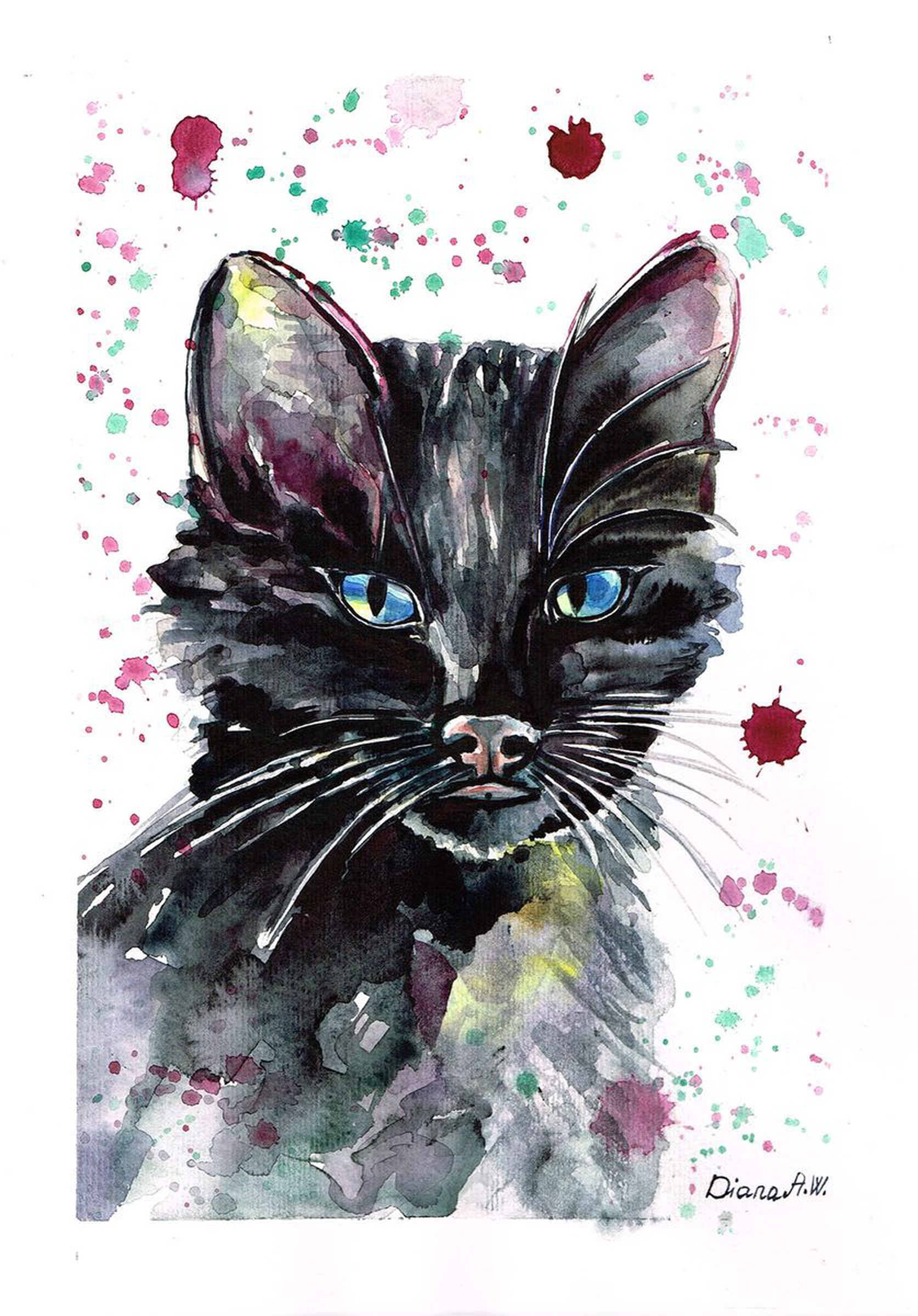 Cat Original Watercolour Painting Cute Black C Artfinder
