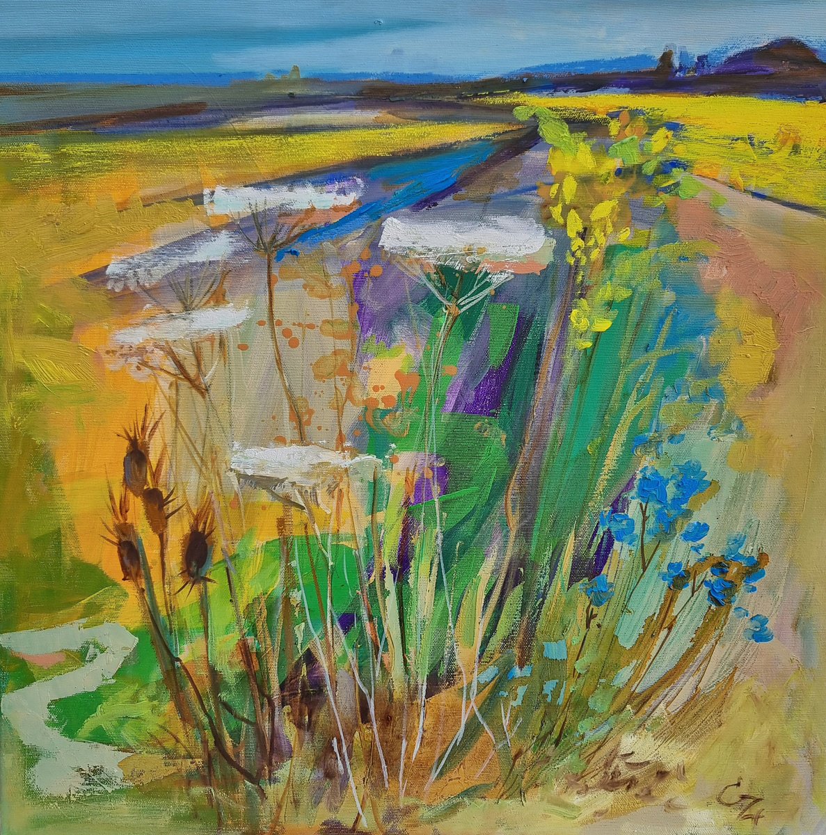 Impressionistic Landscape Oil Painting By Victoria Cozmolici, 24 X 24", Summer Landscape, Original Artwork