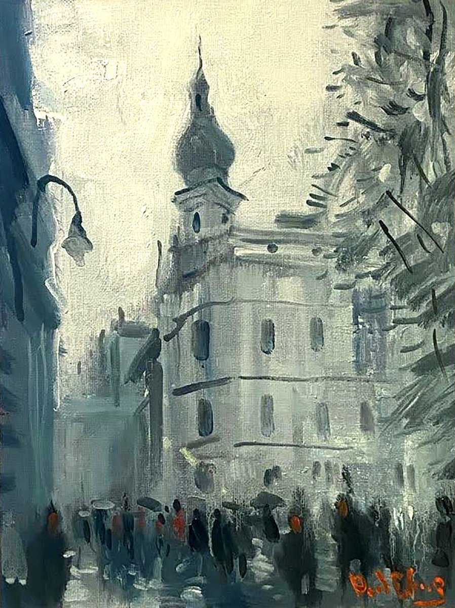 Impressionistic Cityscapes Oil Painting By Paul Cheng, 9 X 12", Rainy Old Town, Original Artwork