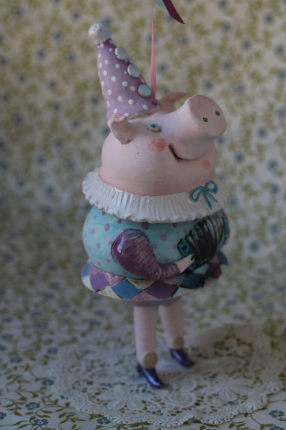 Happy Piglet Playing Accordion . Wall sculpture, bell doll by Elya Yalonetski