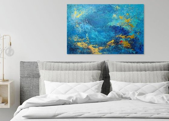 Large Abstract Painting. Blue, Turquoise, Gold Contemporary Abstract Seascape Painting # 810-29. Modern Textured Art