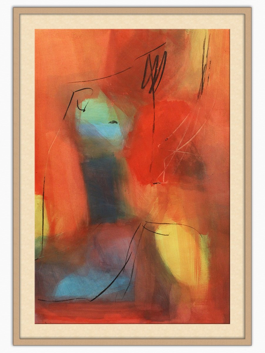 Abstract Painting By T Kyomu, 28 X 39", Strong Red, Original Artwork