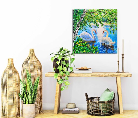 Two beautiful white swans in love on a summer lake (pond).  Decorative acrylic painting with precious stones. City landscape. Positive sunny good mood warm artwork. A wonderful gift for a couple, lovers, Wedding, Anniversary