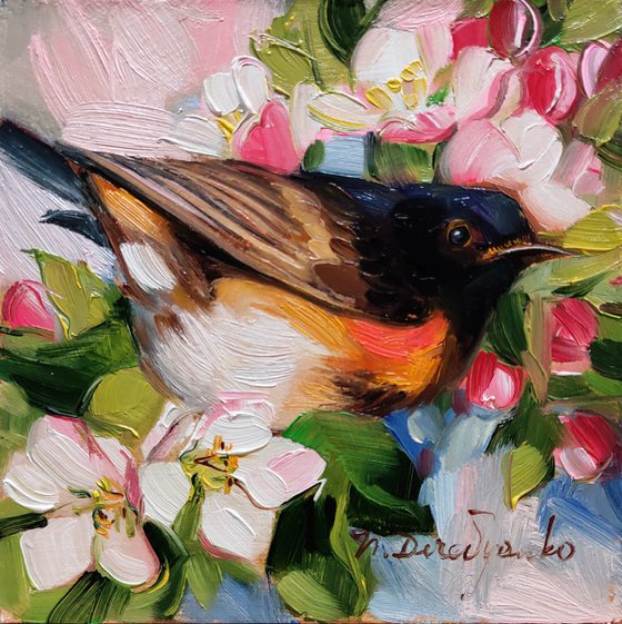 Bird painting original oil 4x4, American redstart bird mini painting, Bird picture framed, Paintings for sale animal painting art