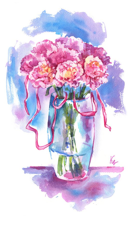 "Bright bouquet of carnations still life in a vase" original watercolor art work illustration