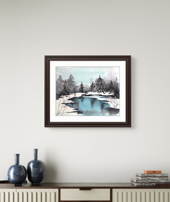 Winter day River in the forest