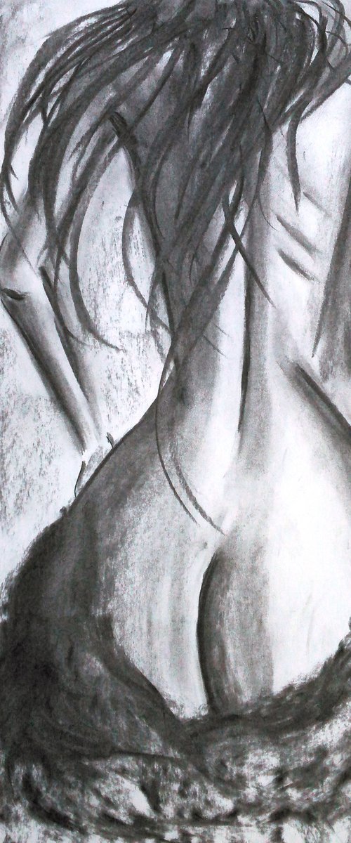 Nude Painting Female Original Art Standing Woman Drawing Charcoal Black and White Home Erotic Wall Art 13 by 18" by Halyna Kirichenko by Halyna Kirichenko