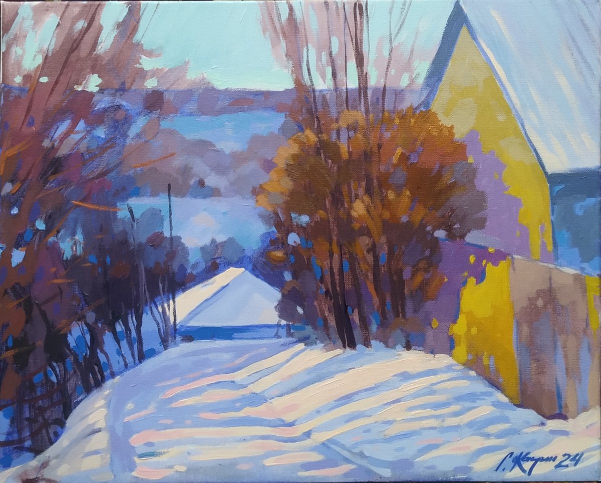 Impressionistic Landscape Acrylic Painting By Sergey Kachin, 20 X 16", Winter Sun, Original Artwork