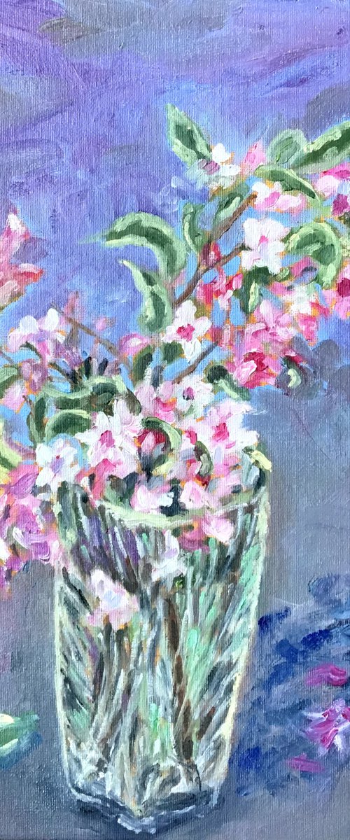 Weigela blooms in an antique Vase - Another oil painting by Julian Lovegrove by Julian Lovegrove Art