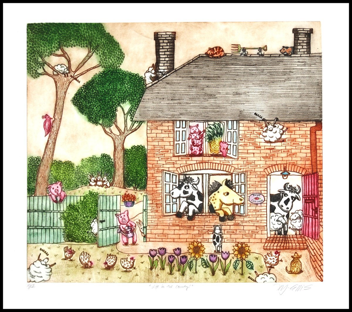 Illustrative Animal Etchings & Engravings By Mariann Johansen-Ellis, 25 X 22", Life In The Country, Original Artwork