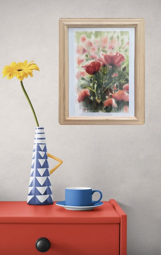 Poppies, flowers, watercolour