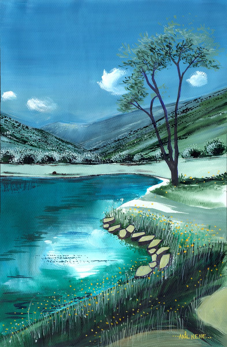 Photorealistic Landscape Watercolour By Anil Nene, 15 X 22, Serene Landscape, Original Artwork