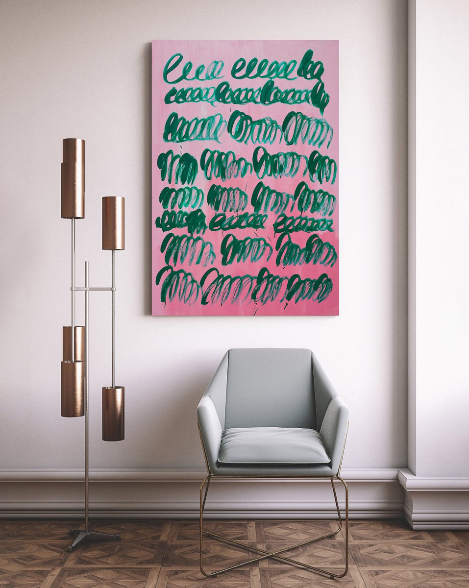 Geometric Abstract Oil Painting By Nataliia Sydorova, 37 X 55", Green Curves, Original Artwork