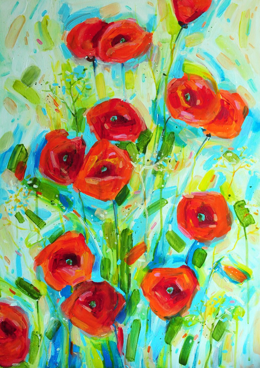 Poppies meadow 50x70 cm by Liubov Kvashnina