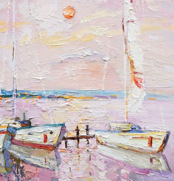 Sailing boats at sunset - Original landscape painting