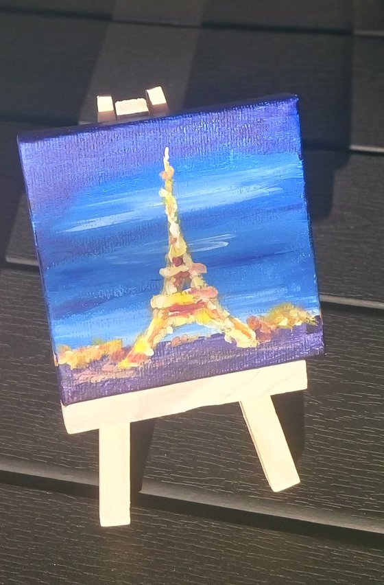 Paris night. (Small romantic gift idea original miniature actylic painting of Eifel tower with lights on dark evening background.)