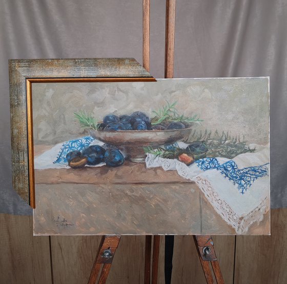 Plums, rosemary and drapery