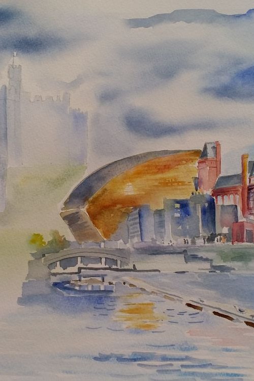 Cardiff memoir, Watercolor, Impressionistic contemporary art, souvenir by Geeta Yerra