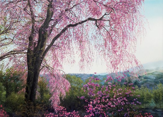 "Pink dreams", landscape oil floral palette knife painting, scenery spring art
