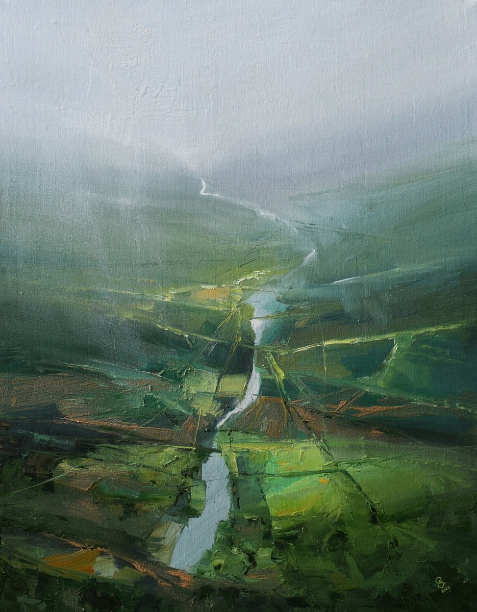 Abstract Landscape Acrylic Painting By Ivan Grozdanovski, 39 X 49, The Secret Of The Green Valley, Original Artwork