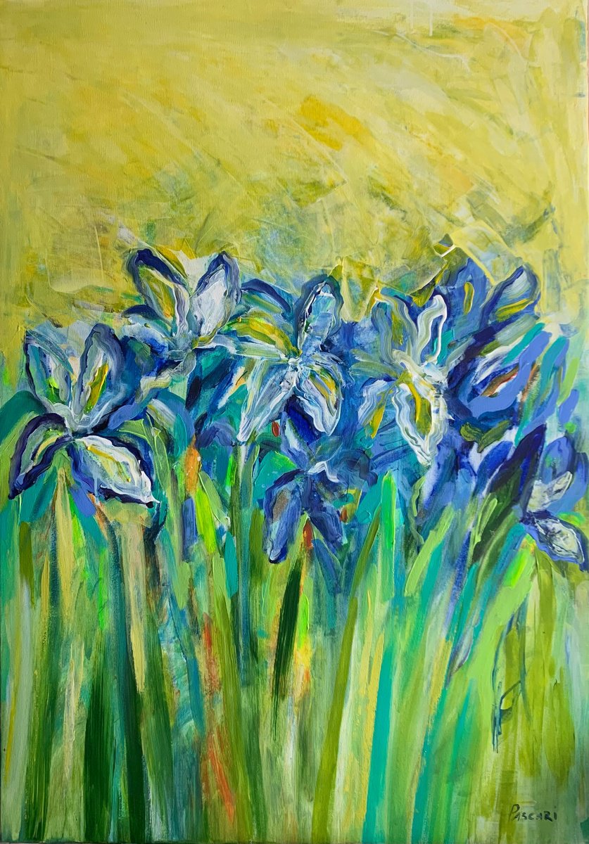Impressionistic Botanical Acrylic Painting By Olga Pascari, 28 X 39", Iris Field, Original Artwork
