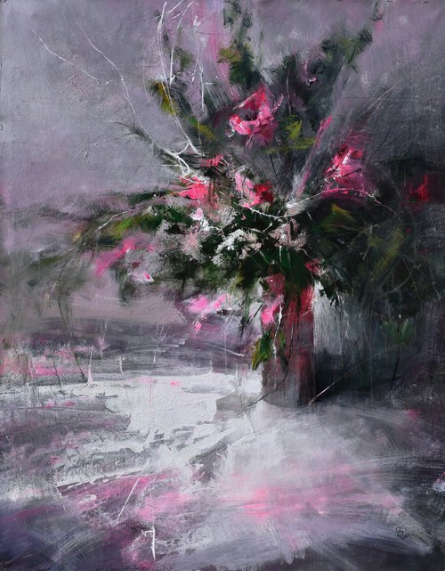 " Vase of pink flowers " W 97 x H 121 cm by Ivan  Grozdanovski