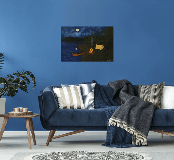 Under the Moonlight - nightscape campfire painting; home, office decor; gift ideas