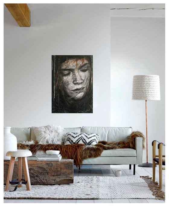 "Paris" (70x50x3cm) - Unique portrait artwork on wood (abstract, portrait, gouache, original, painting, coffee, acrylic, oil, watercolor, encaustics, beeswax, resin, wood, fingerpaint)