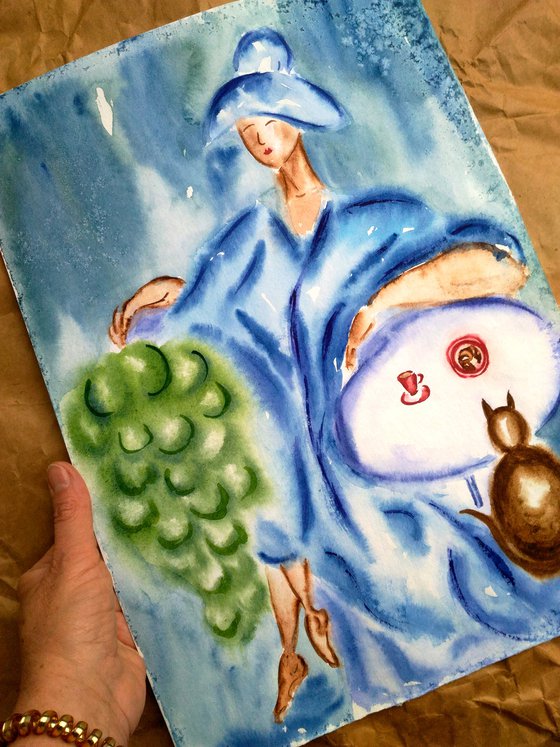 Woman Painting Faceless Original Art Cat Watercolor Grape Art Woman in Hat Artwork Coffee Time Home Wall Art 12 by 17" by Halyna Kirichenko