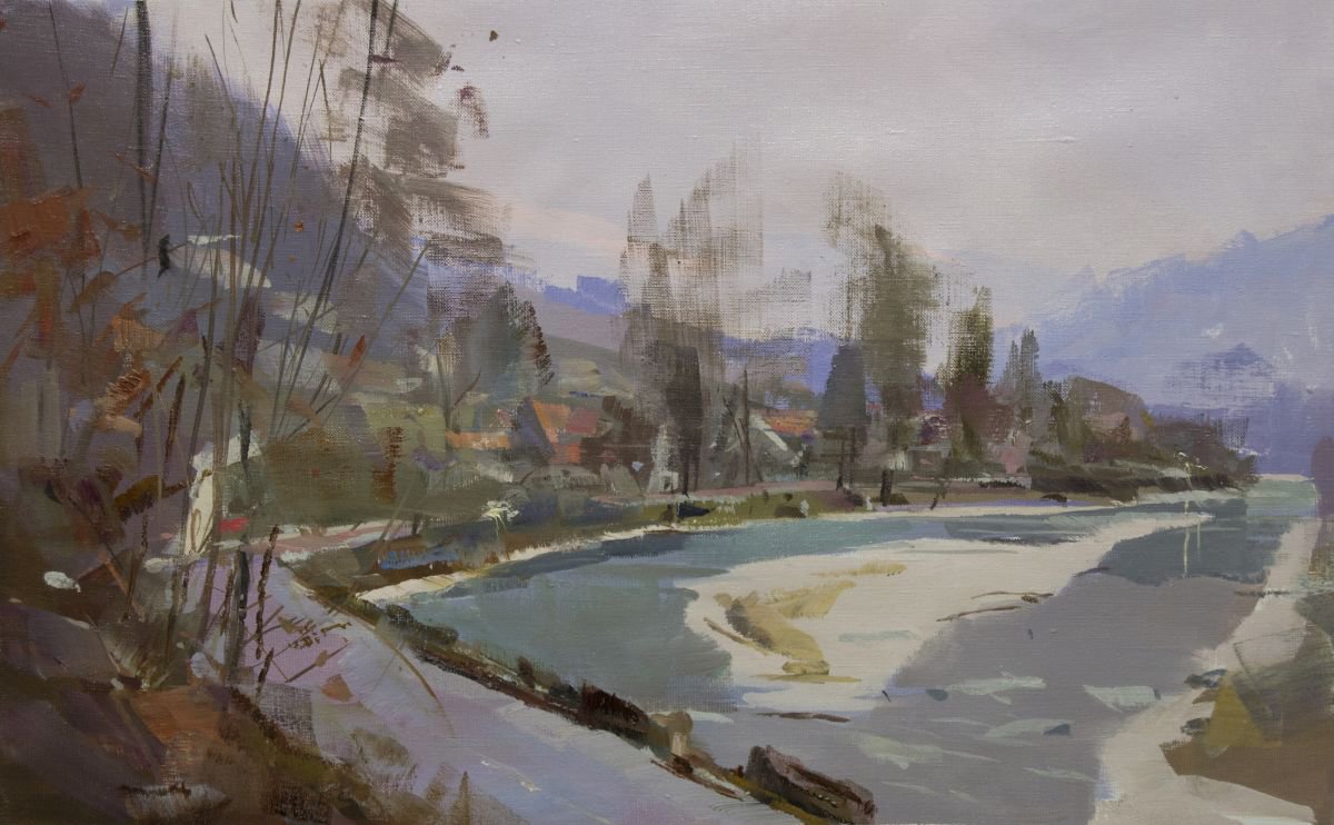 Winter landscape painting - Winter River by Yuri Pysar