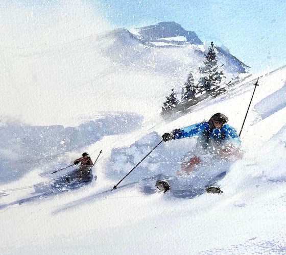 Skiers on the slope, downhill skiing on a snowy slope original artwork watercolor painting with winter landscape in medium size