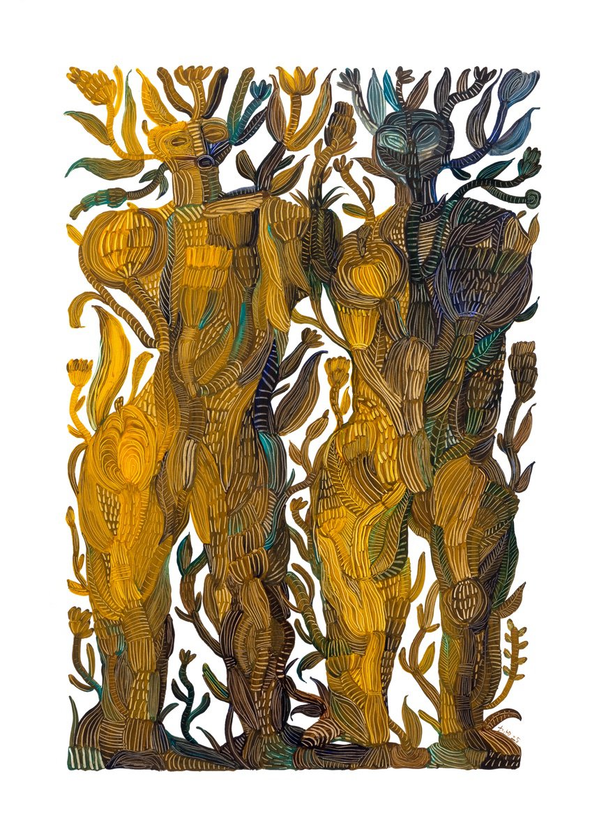 Naive Portrait Watercolour By Yuliia Dunaieva, 22 X 30", Garden, Original Artwork