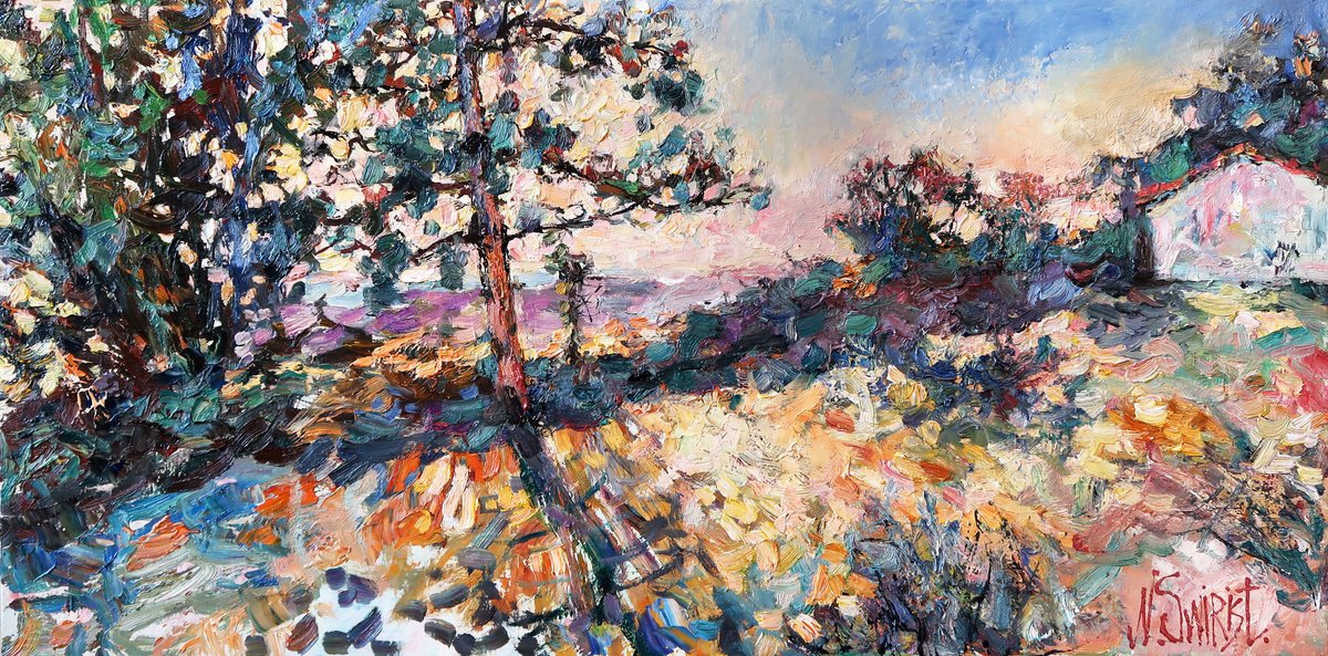 Impressionistic Landscape Oil Painting By Nikifor Swiristuhin, 31 X 16", Sunset. Montenegro., Original Artwork