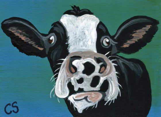 ACEO ATC Original Painting Black White Cow Farmyard Animal Pet  Art-Carla Smale