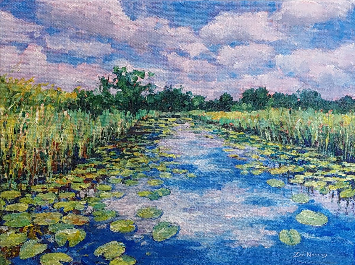 Impressionistic Landscape Oil Painting By Zoe Elizabeth Norman, 16 X 12", Tranquil Waters - Norfolk Broads, Original Artwork