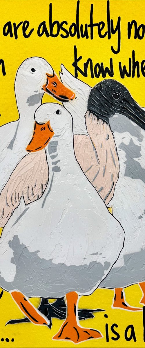 Ducks in a Row Yellow Bin Chicken 61cm x 61cm by DEBORAH LANG