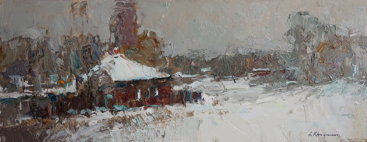 Impressionistic Landscape Oil Painting By Aleksandr Kryushyn, 24 X 9, December Snow, Original Artwork