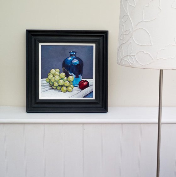 Green Grapes, Blue Vase and a Plum
