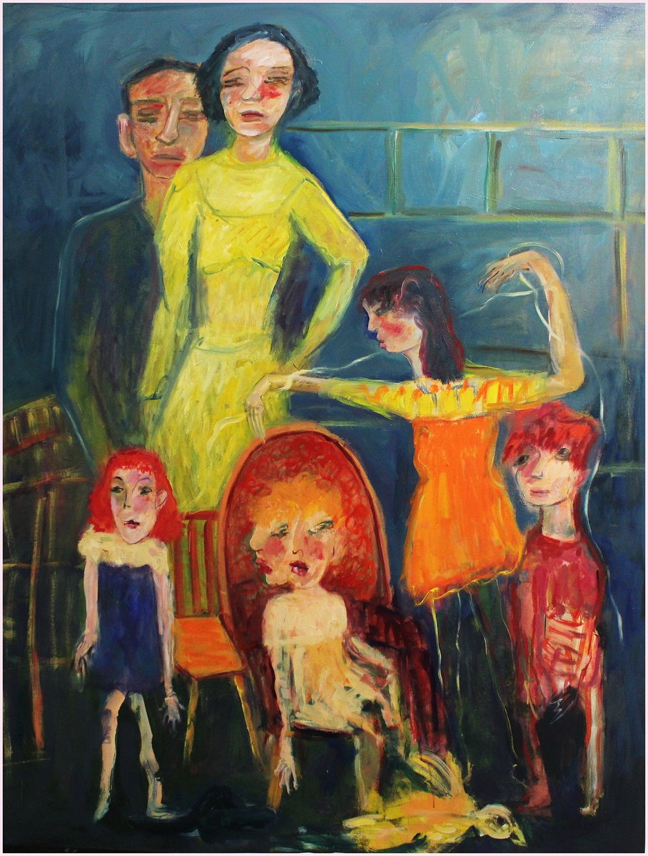 Expressive Portrait Oil Painting By Victorine Follana, 45 X 57", La Simplicite Du Bonheur, Original Artwork