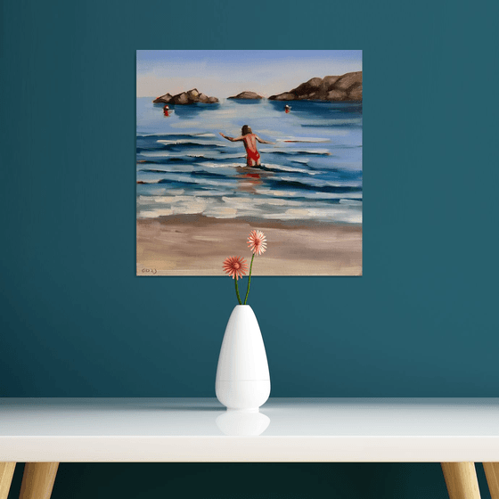 Swimming in Ocean Waves - Woman on California Beach Painting