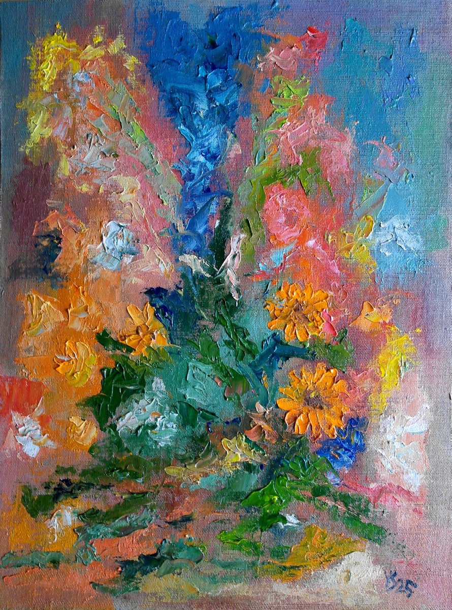 Expressive Botanical Oil Painting By Juri Semjonov, 12 X 16", Meadow Flowers #2, Original Artwork