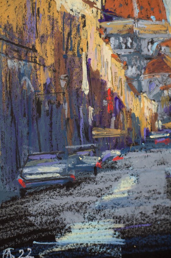 Florence in dawn. View of Duomo cathedral and colorful street. Small oil pastel drawing bright colors italy