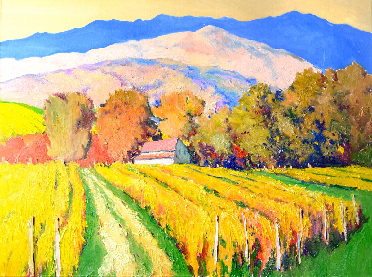 Expressive Landscape Oil Painting By Suren Nersisyan, 40 X 30", Vineyards In Napa Valley, Fall, Original Artwork