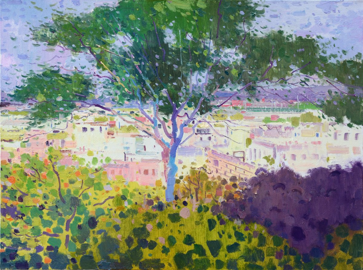 Impressionistic Landscape Oil Painting By Jianzhe Chon, 31 X 24, Big Tree 192, Original Artwork